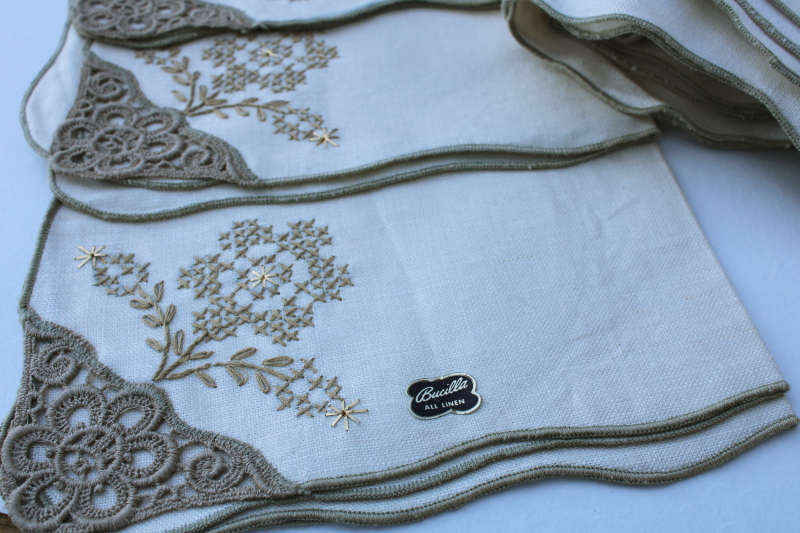 photo of vintage pure linen banquet tablecloth & 12 dinner napkins w/ embroidery & lace #2