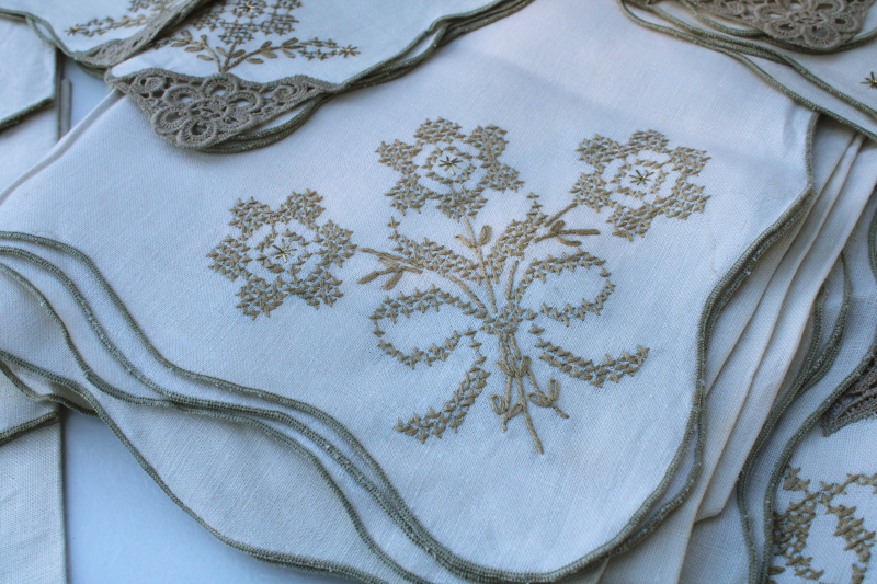 photo of vintage pure linen banquet tablecloth & 12 dinner napkins w/ embroidery & lace #3