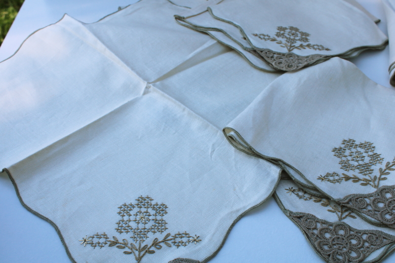 photo of vintage pure linen banquet tablecloth & 12 dinner napkins w/ embroidery & lace #4