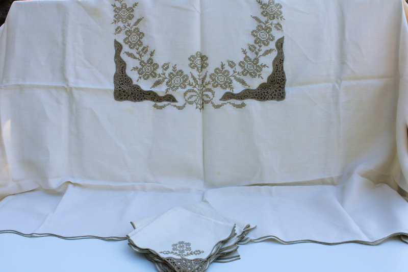 photo of vintage pure linen banquet tablecloth & 12 dinner napkins w/ embroidery & lace #8