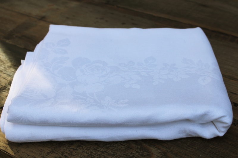 photo of vintage pure linen double damask tablecloth 72 x 44 roses pattern white linen  #1