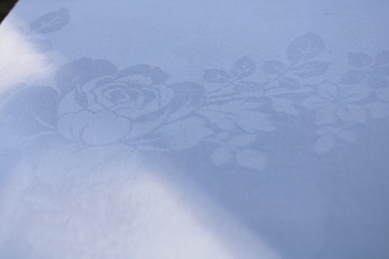 photo of vintage pure linen double damask tablecloth 72 x 44 roses pattern white linen  #2