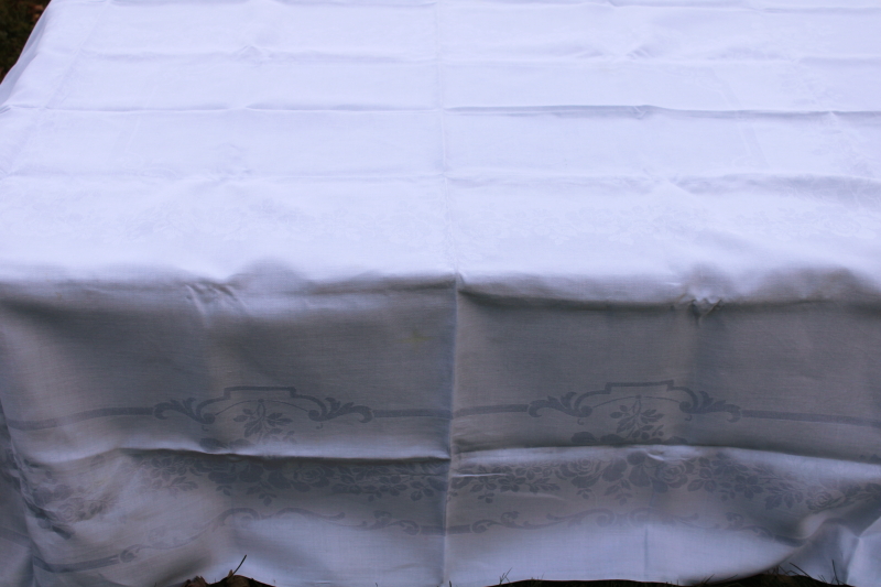 photo of vintage pure linen double damask tablecloth 72 x 44 roses pattern white linen  #5