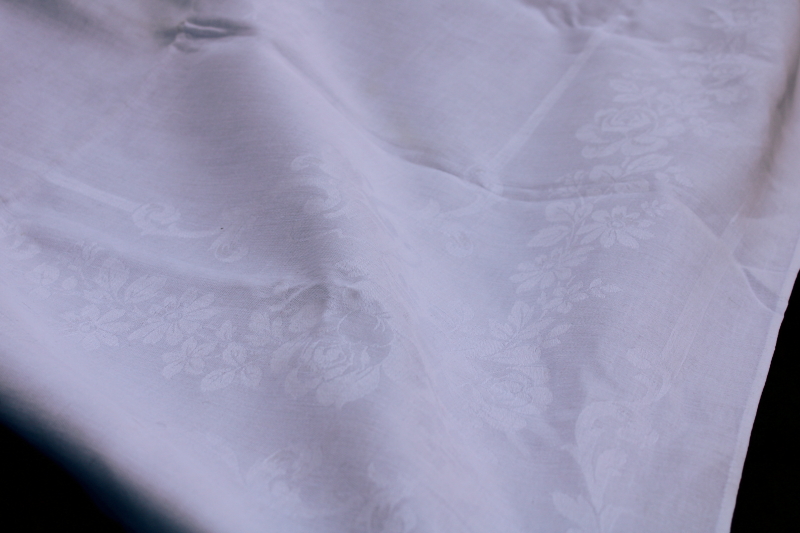 photo of vintage pure linen double damask tablecloth 72 x 44 roses pattern white linen  #6