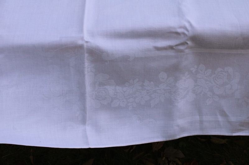 photo of vintage pure linen double damask tablecloth 72 x 44 roses pattern white linen  #8