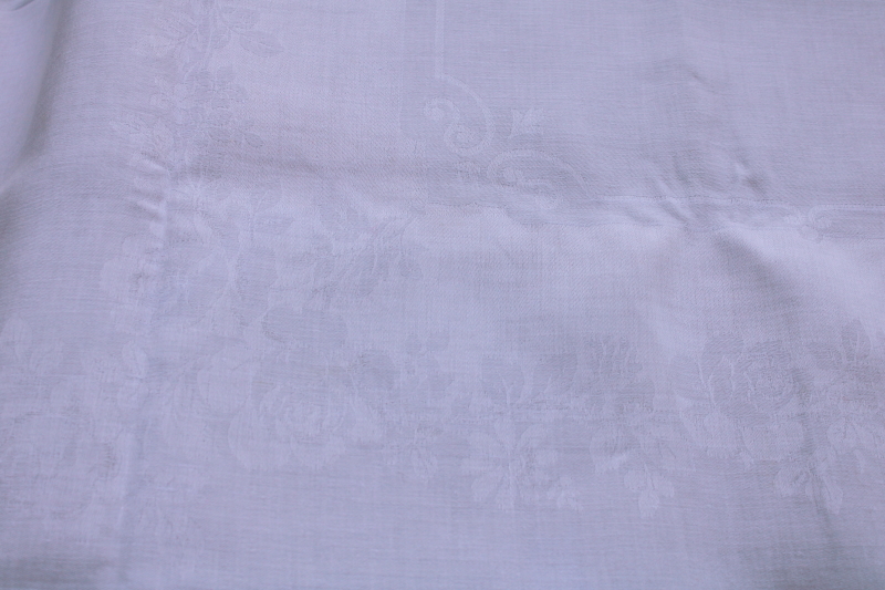 photo of vintage pure linen double damask tablecloth 72 x 44 roses pattern white linen  #9