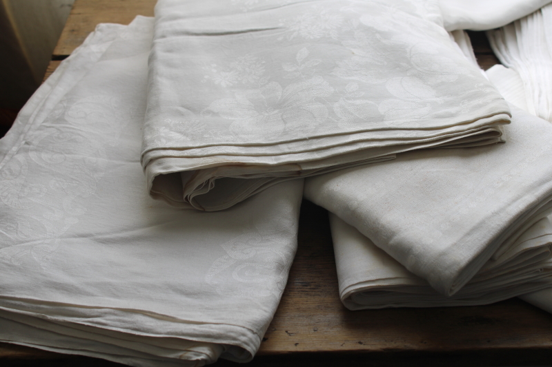 photo of vintage pure linen double damask tablecloths, caterer's lot of 10 large linen tablecloths  #12