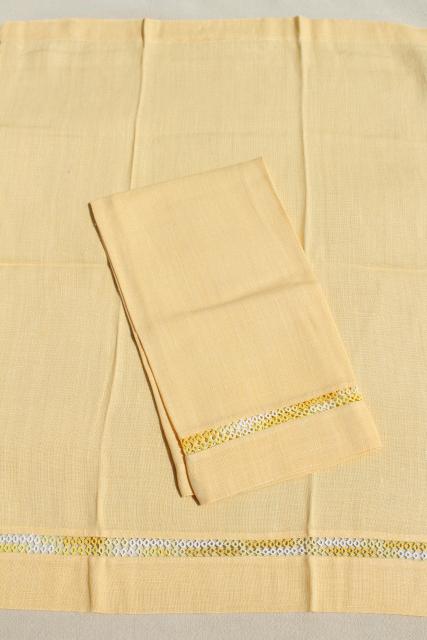 photo of vintage pure linen fabric guest towels w/ hemstitching, tatted lace, crochet edging  #9