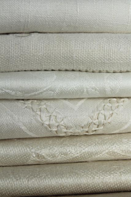 photo of vintage pure linen hand towels, sun bleached ivory flax damask whitework towels #1