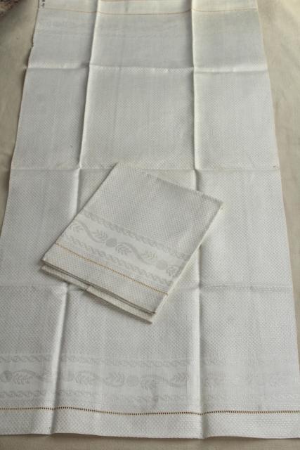 photo of vintage pure linen hand towels, sun bleached ivory flax damask whitework towels #5