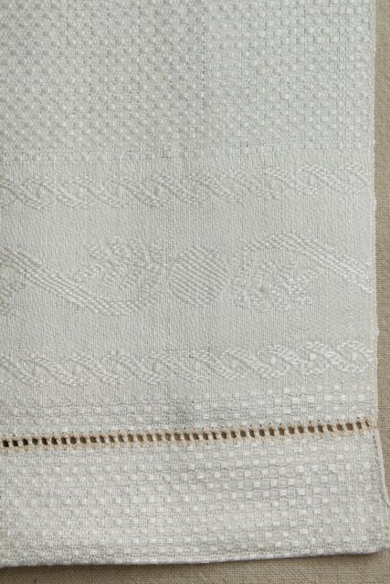 photo of vintage pure linen hand towels, sun bleached ivory flax damask whitework towels #6