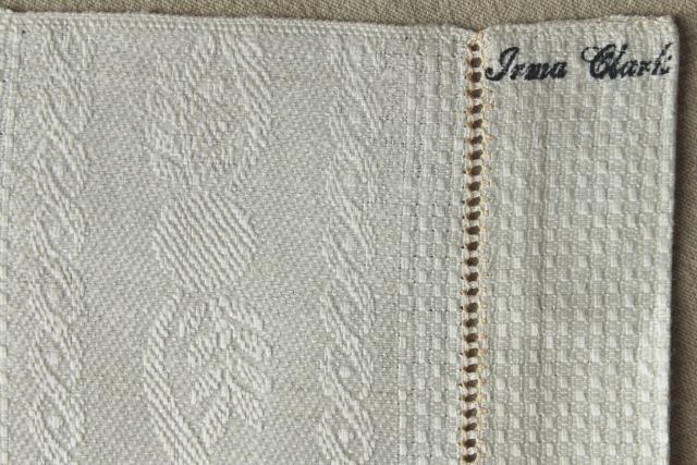 photo of vintage pure linen hand towels, sun bleached ivory flax damask whitework towels #7