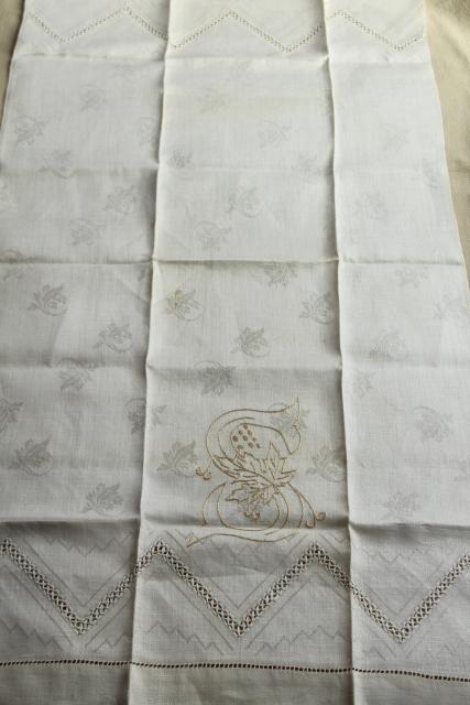 photo of vintage pure linen hand towels, sun bleached ivory flax damask whitework towels #13