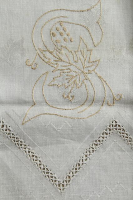 photo of vintage pure linen hand towels, sun bleached ivory flax damask whitework towels #14