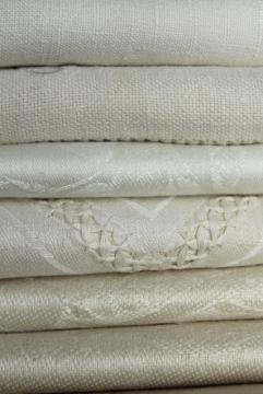 catalog photo of vintage pure linen hand towels, sun bleached ivory flax damask whitework towels