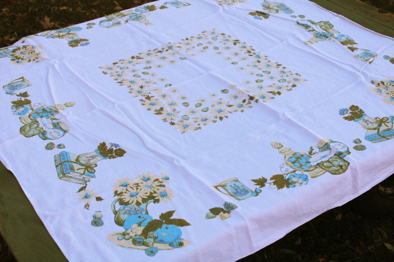 photo of vintage pure linen kitchen tablecloth never used, sweet country cottagecore print green, blue, yellow  #1
