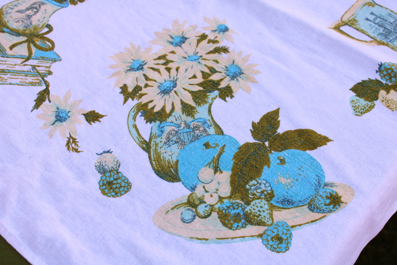 photo of vintage pure linen kitchen tablecloth never used, sweet country cottagecore print green, blue, yellow #2