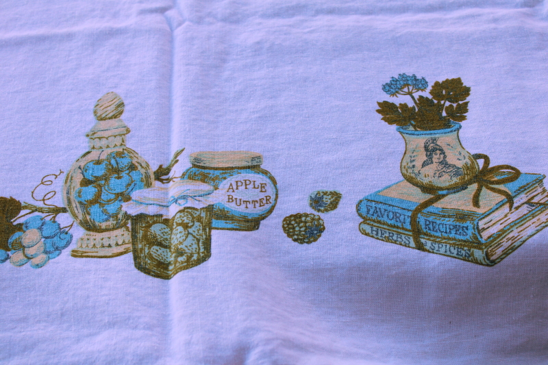photo of vintage pure linen kitchen tablecloth never used, sweet country cottagecore print green, blue, yellow #3