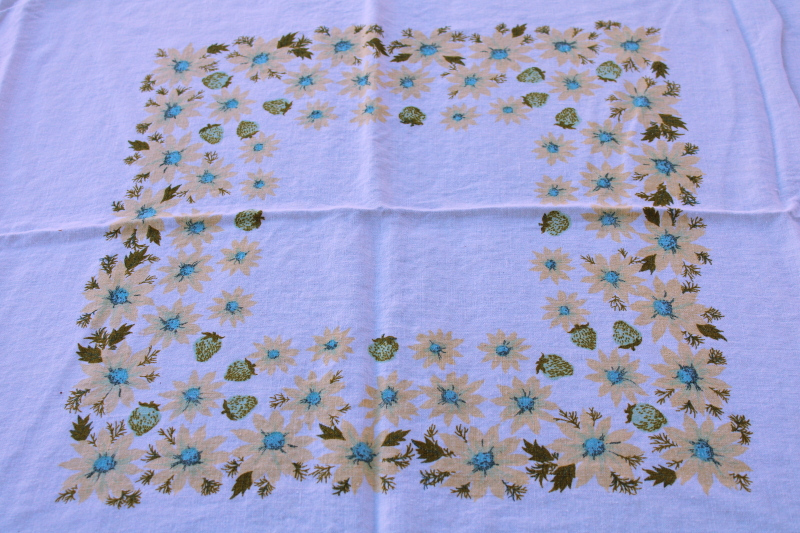 photo of vintage pure linen kitchen tablecloth never used, sweet country cottagecore print green, blue, yellow #4