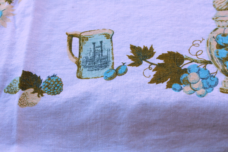 photo of vintage pure linen kitchen tablecloth never used, sweet country cottagecore print green, blue, yellow #5