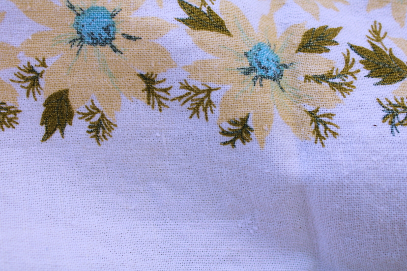 photo of vintage pure linen kitchen tablecloth never used, sweet country cottagecore print green, blue, yellow #7