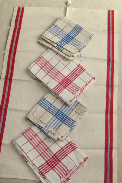 photo of vintage pure linen kitchen towels red & blue checked, rustic french country farmhouse #2
