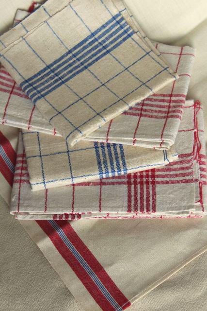 photo of vintage pure linen kitchen towels red & blue checked, rustic french country farmhouse #9