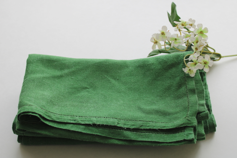 photo of vintage pure linen napkins, hemstitched cloth napkin set Irish kelly green solid color  #2