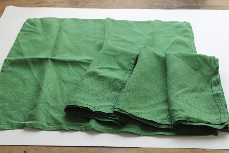 photo of vintage pure linen napkins, hemstitched cloth napkin set Irish kelly green solid color  #3