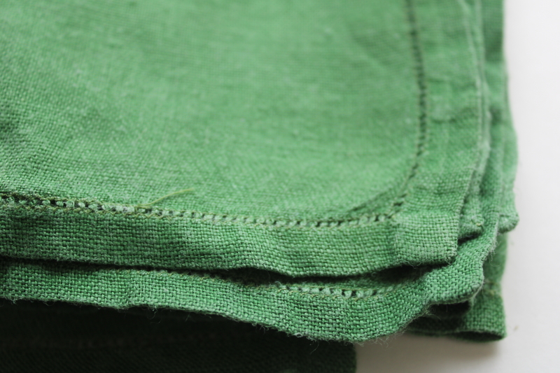photo of vintage pure linen napkins, hemstitched cloth napkin set Irish kelly green solid color  #4