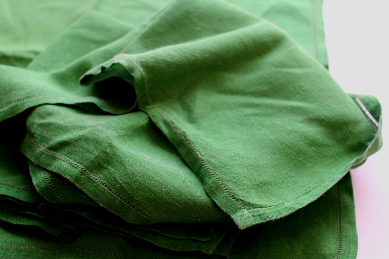 photo of vintage pure linen napkins, hemstitched cloth napkin set Irish kelly green solid color  #5