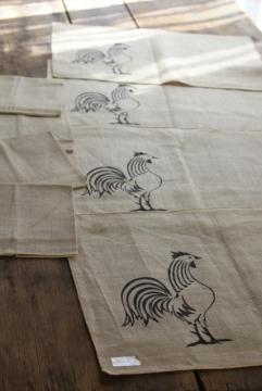 catalog photo of vintage pure linen napkins & place mats w/ rooster chicken print black on flax