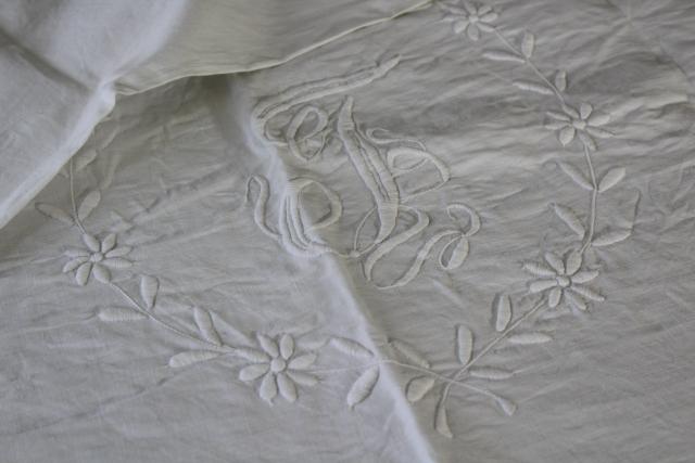 photo of vintage pure linen pillow shams white work padded embroidery, large J monogram #4