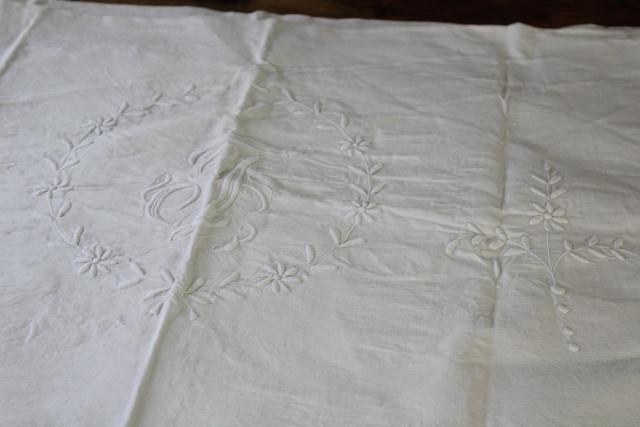 photo of vintage pure linen pillow shams white work padded embroidery, large J monogram #7