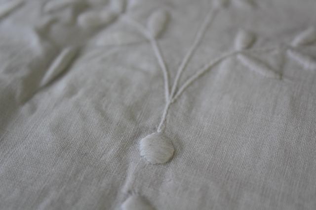 photo of vintage pure linen pillow shams white work padded embroidery, large J monogram #8