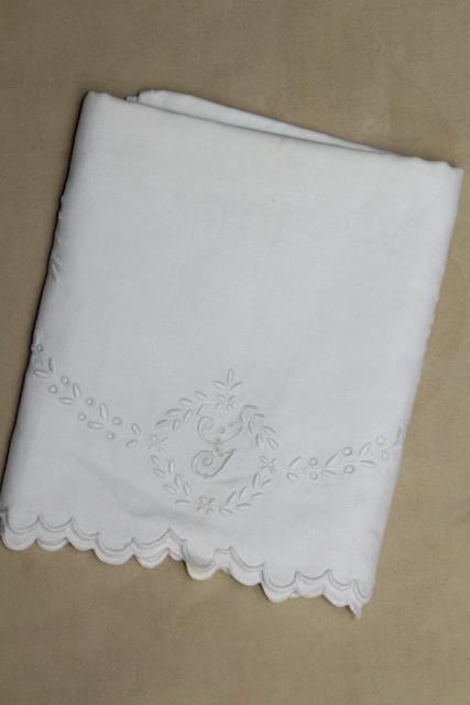 photo of vintage pure linen pillowcase, whitework embroidery G monogram, french country style #1