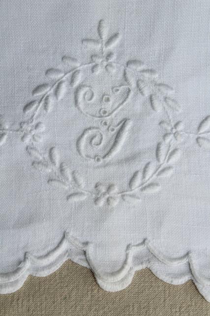 photo of vintage pure linen pillowcase, whitework embroidery G monogram, french country style #2