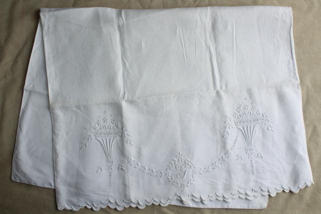 photo of vintage pure linen pillowcase, whitework embroidery G monogram, french country style #3