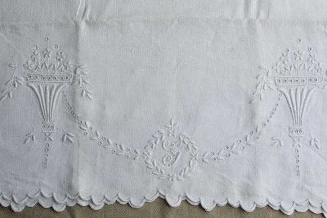 photo of vintage pure linen pillowcase, whitework embroidery G monogram, french country style #7