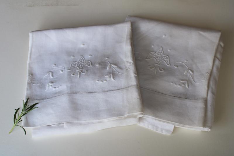 photo of vintage pure linen pillowcases w/ whitework embroidery, french fleur de lis #1