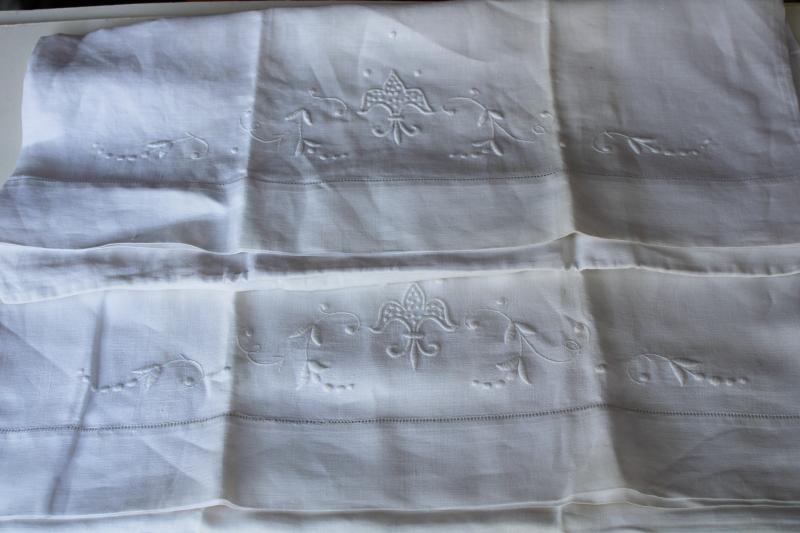 photo of vintage pure linen pillowcases w/ whitework embroidery, french fleur de lis #6