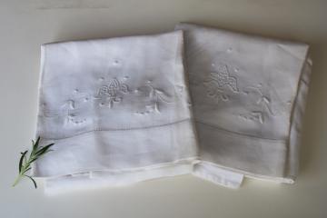 catalog photo of vintage pure linen pillowcases w/ whitework embroidery, french fleur de lis