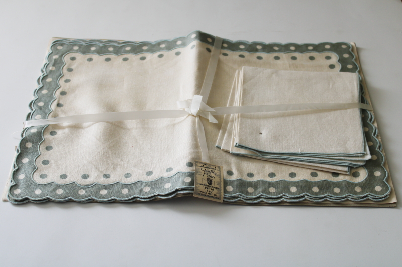 photo of vintage pure linen placemats & napkins, dots border moody green & ivory never used luncheon set  #1