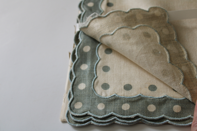 photo of vintage pure linen placemats & napkins, dots border moody green & ivory never used luncheon set  #3