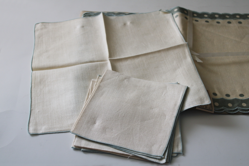 photo of vintage pure linen placemats & napkins, dots border moody green & ivory never used luncheon set  #5