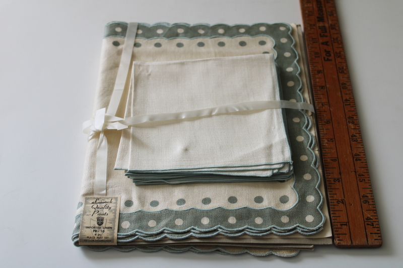 photo of vintage pure linen placemats & napkins, dots border moody green & ivory never used luncheon set  #8