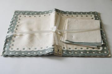 vintage pure linen placemats & napkins, dots border moody green & ivory never used luncheon set 