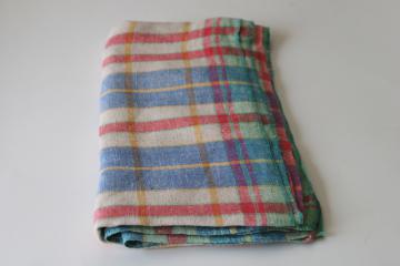 catalog photo of vintage pure linen tablecloth colorful plaid, damaged cutter fabric for kitchen towels