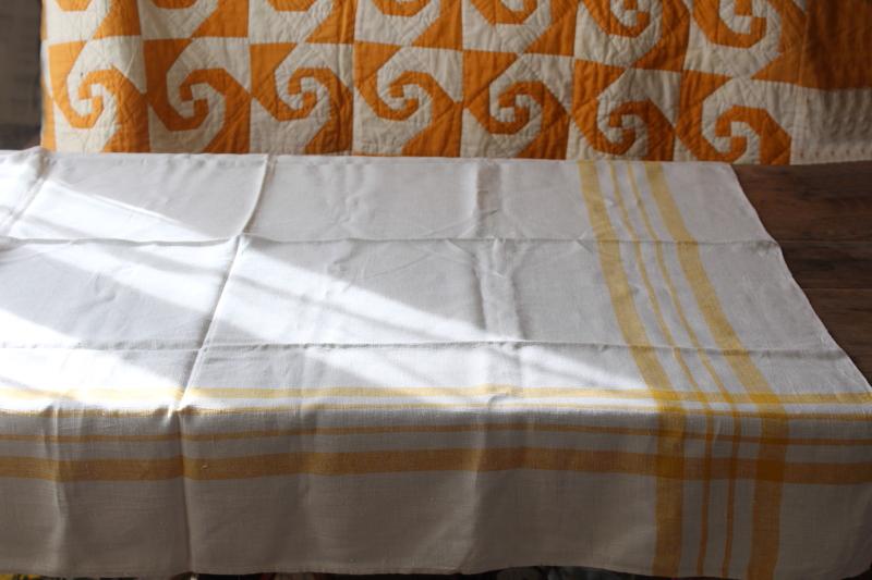 photo of vintage pure linen tablecloth for french country style farmhouse kitchen, mustard gold border #1