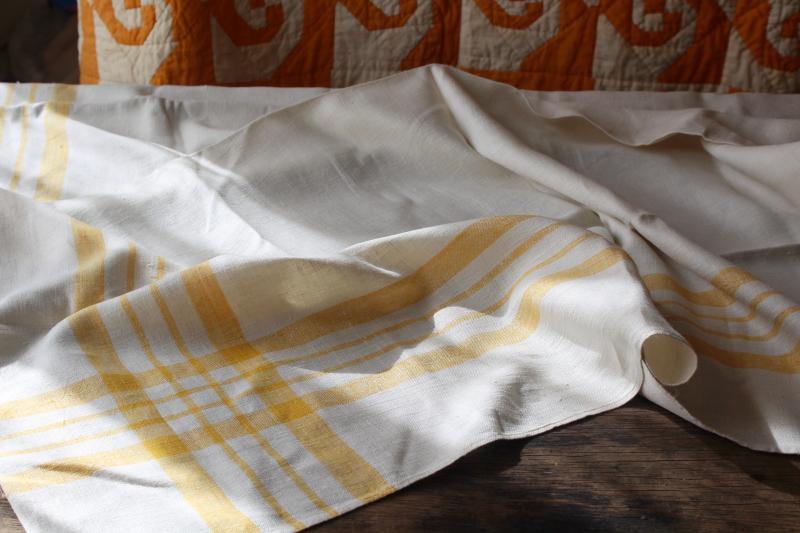 photo of vintage pure linen tablecloth for french country style farmhouse kitchen, mustard gold border #5